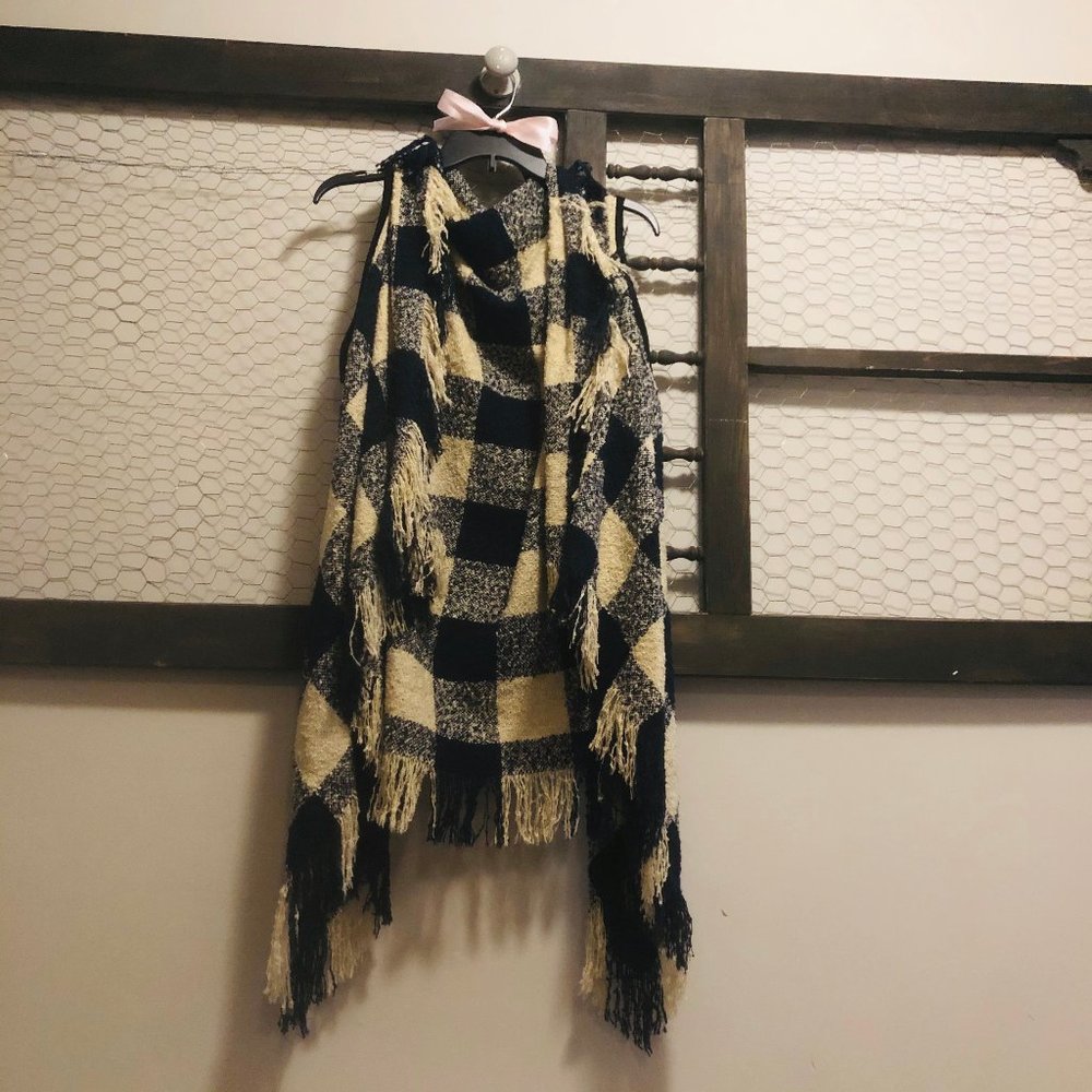 Blue and Cream Buffalo Check with Fringe Vest